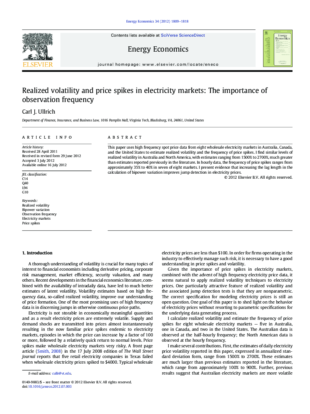 Realized volatility and price spikes in electricity markets: The importance of observation frequency