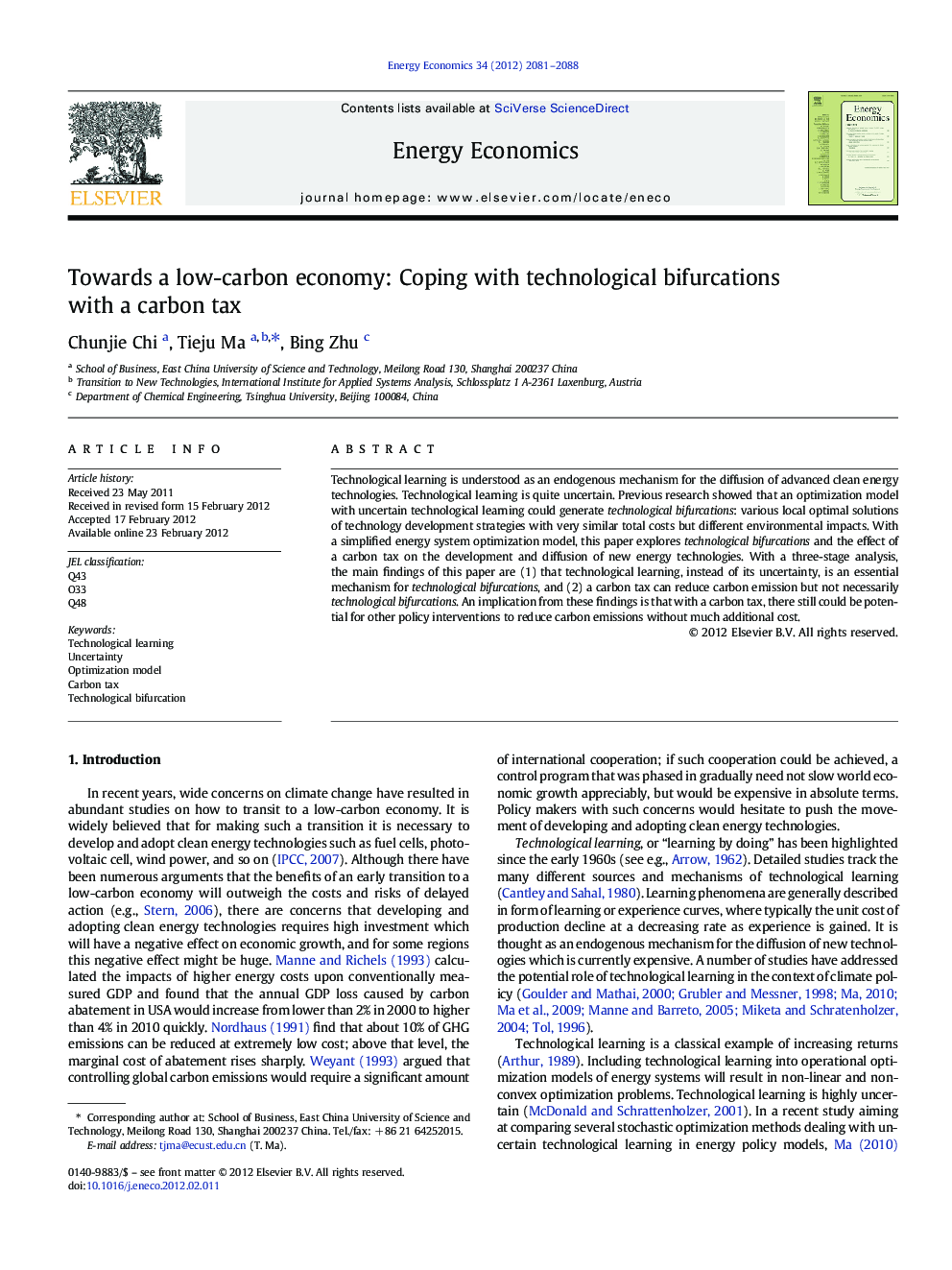 Towards a low-carbon economy: Coping with technological bifurcations with a carbon tax