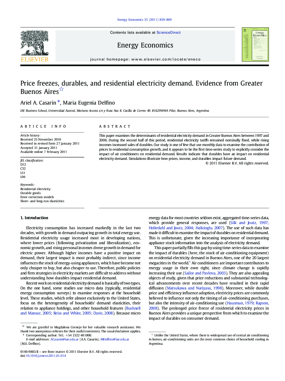 Price freezes, durables, and residential electricity demand. Evidence from Greater Buenos Aires