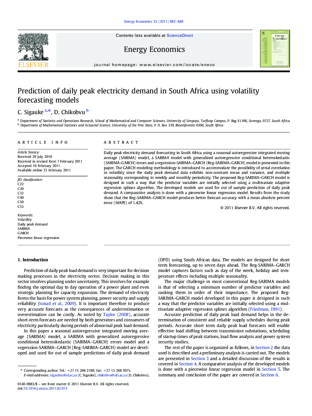 Prediction of daily peak electricity demand in South Africa using volatility forecasting models