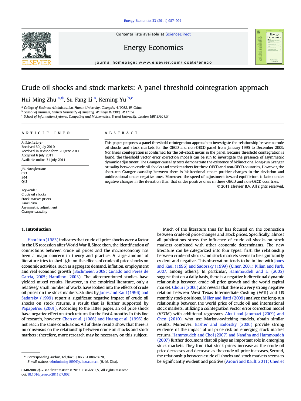 Crude oil shocks and stock markets: A panel threshold cointegration approach