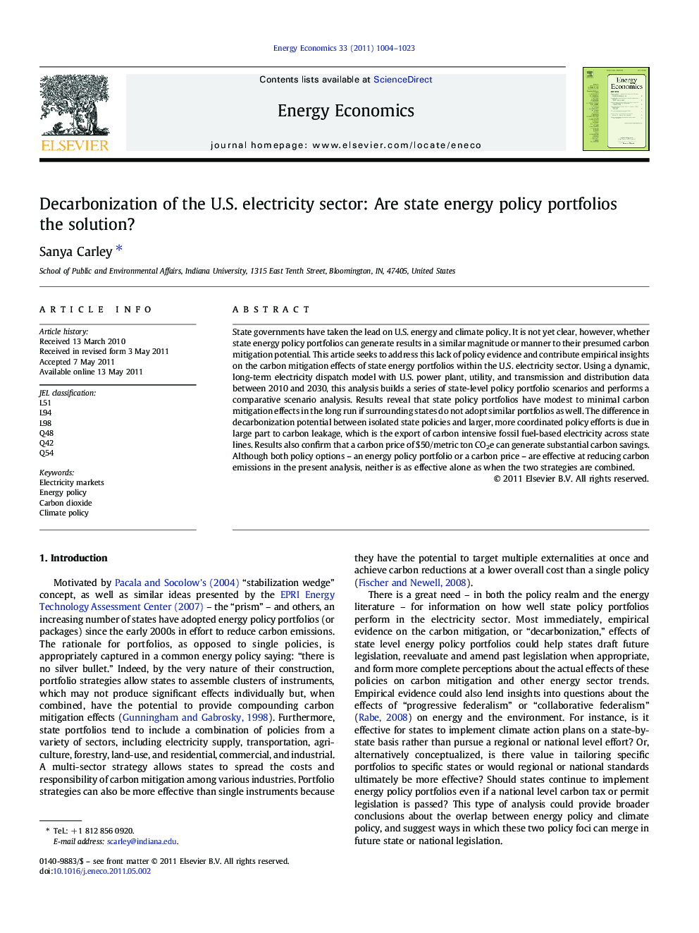 Decarbonization of the U.S. electricity sector: Are state energy policy portfolios the solution?