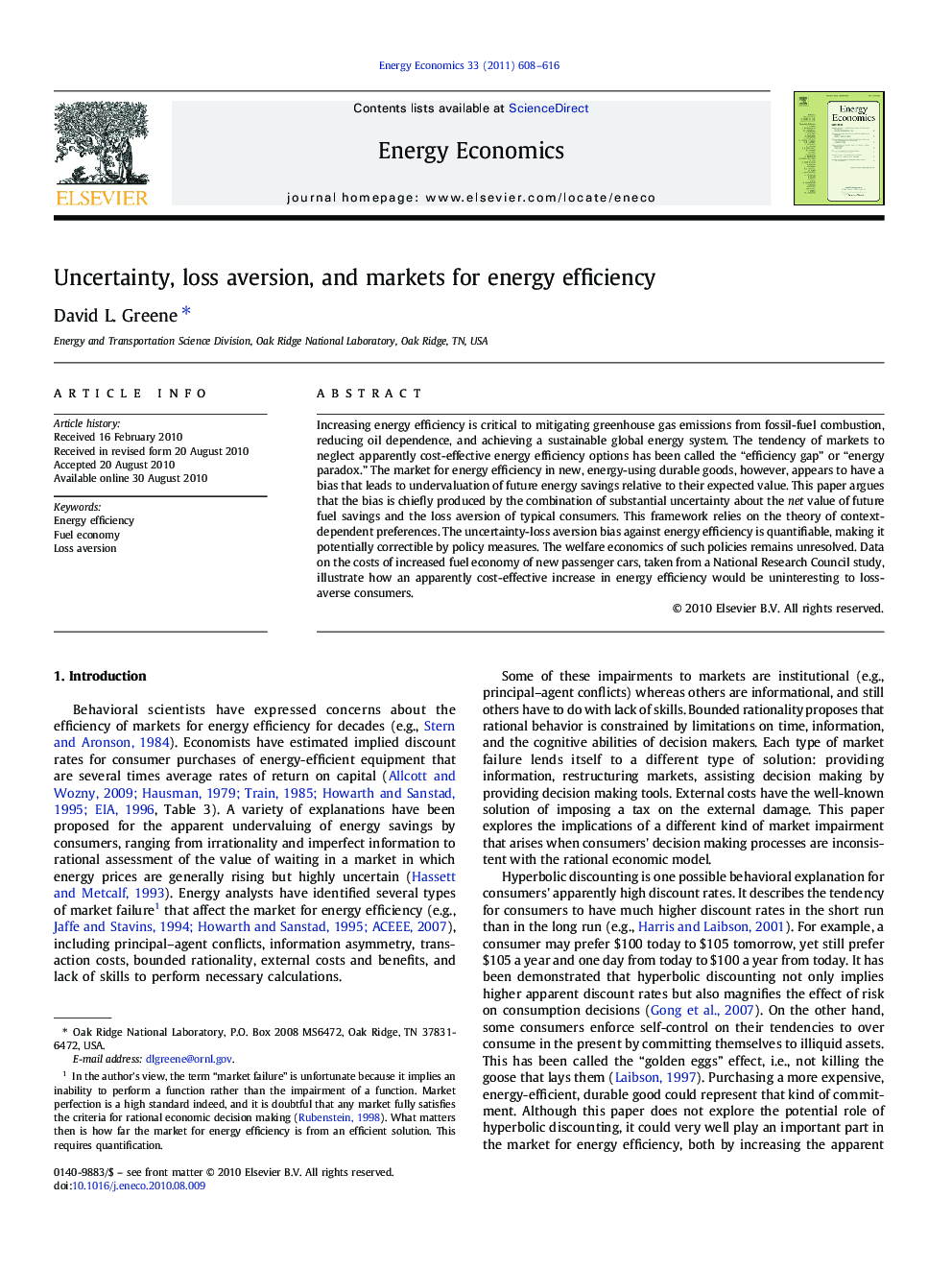 Uncertainty, loss aversion, and markets for energy efficiency