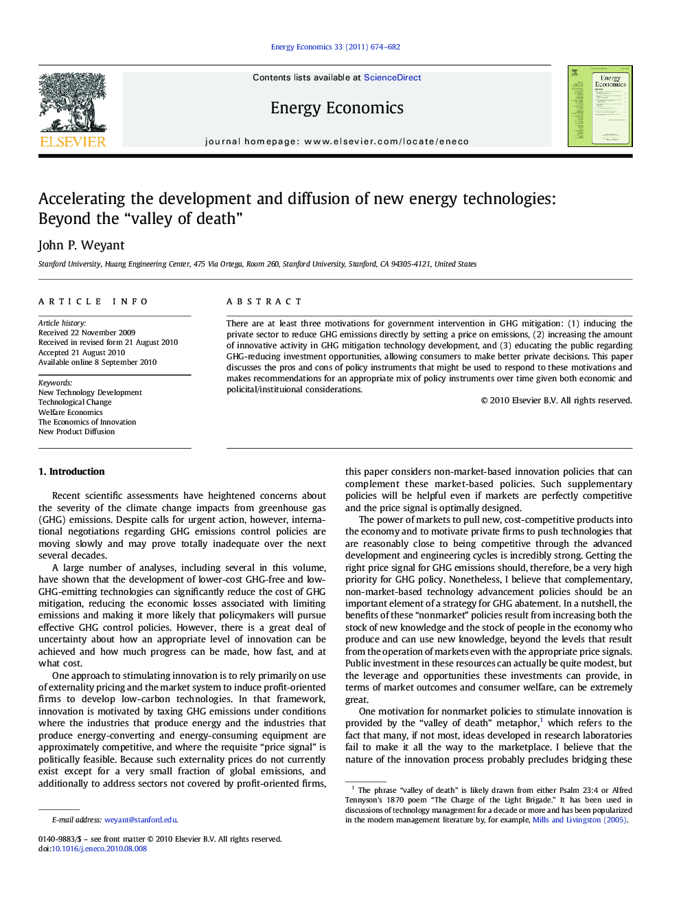 Accelerating the development and diffusion of new energy technologies: Beyond the “valley of death”