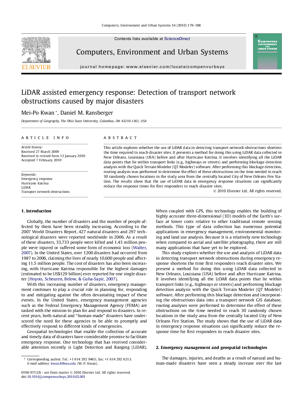 LiDAR assisted emergency response: Detection of transport network obstructions caused by major disasters