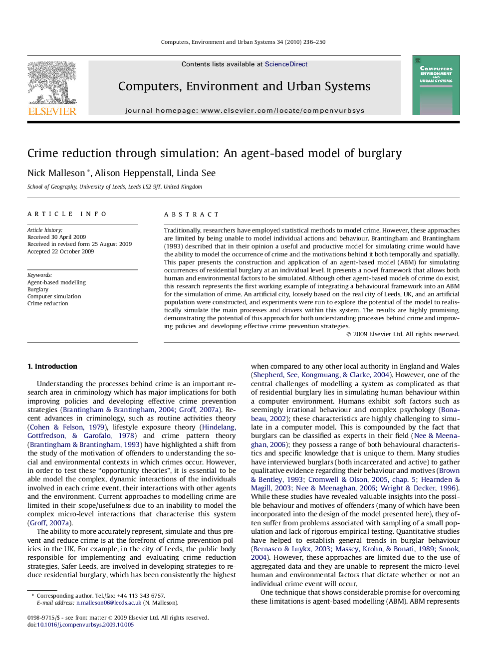 عکس صفحه اول مقاله: Crime reduction through simulation: An agent-based model of burglary Crime reduction through simulation: An agent-based model of burglary