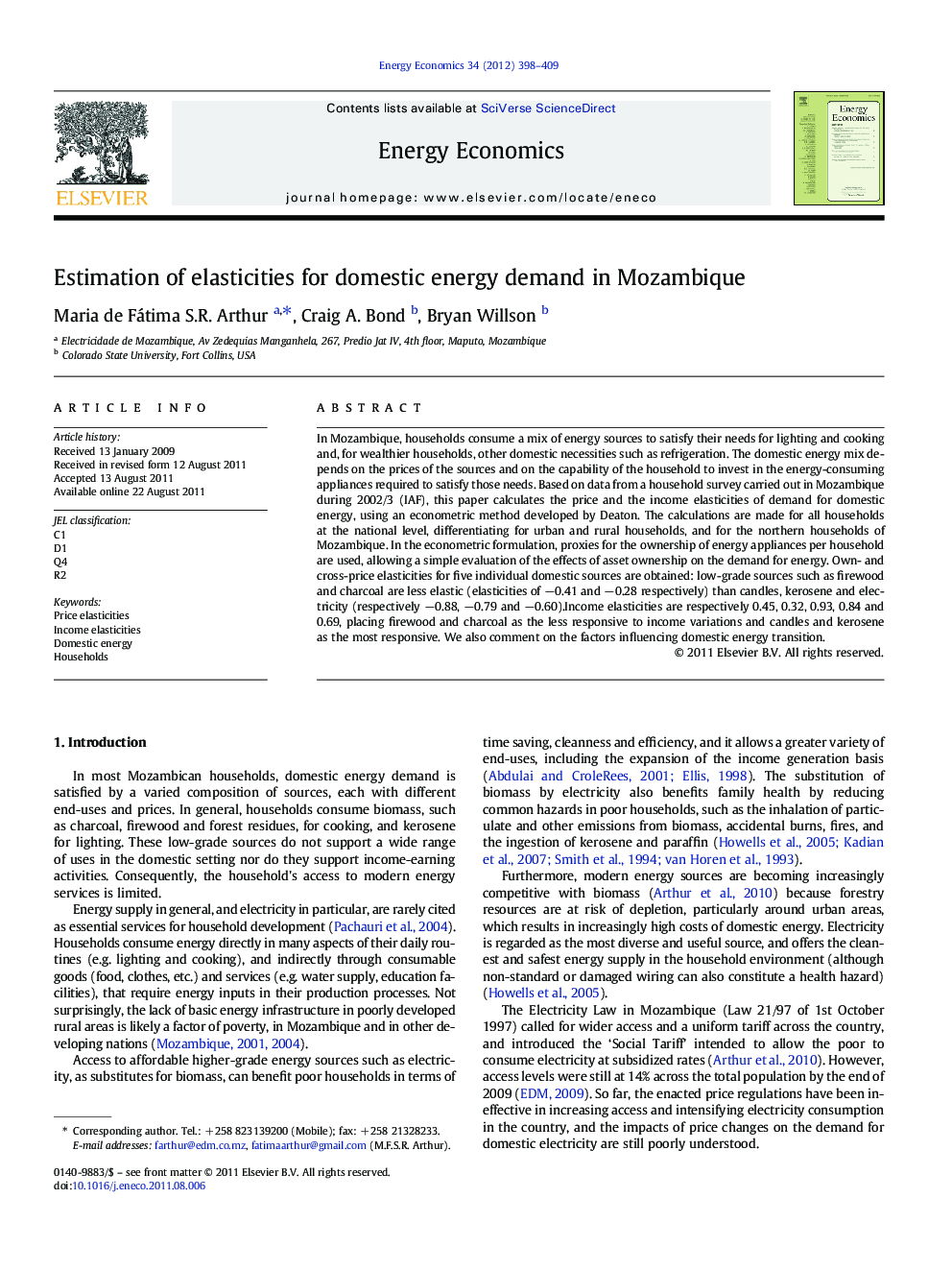 Estimation of elasticities for domestic energy demand in Mozambique
