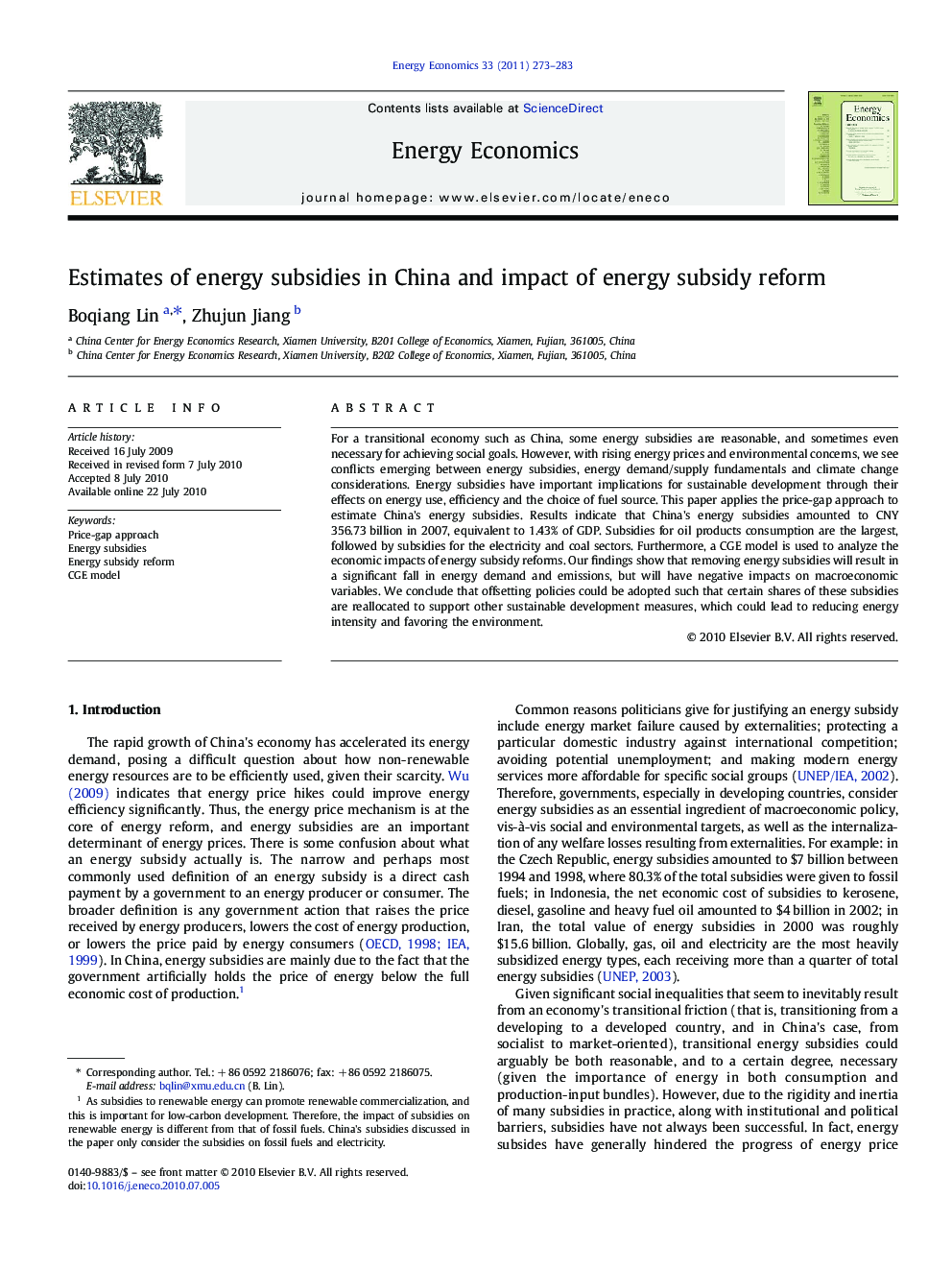 Estimates of energy subsidies in China and impact of energy subsidy reform