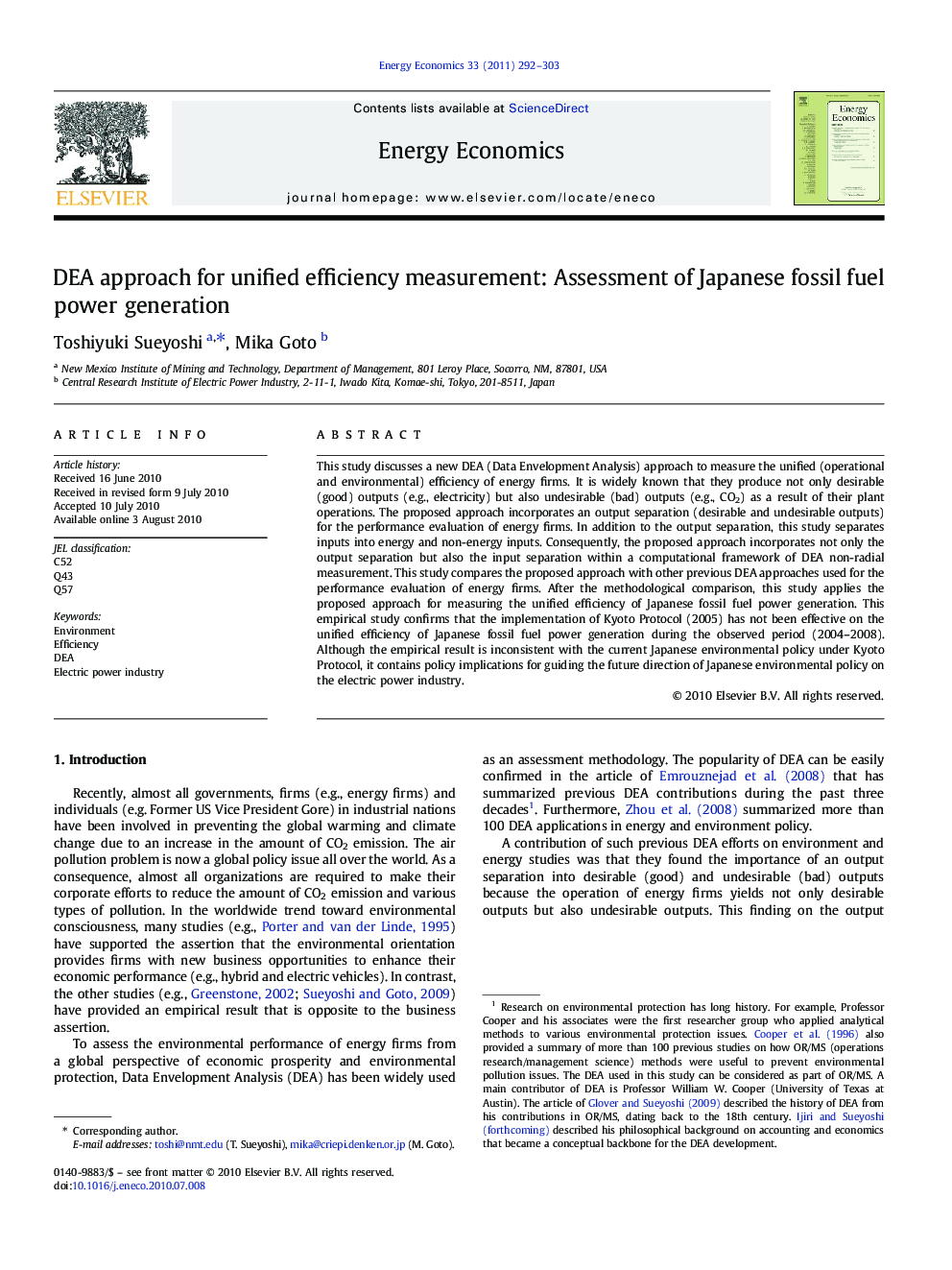 DEA approach for unified efficiency measurement: Assessment of Japanese fossil fuel power generation