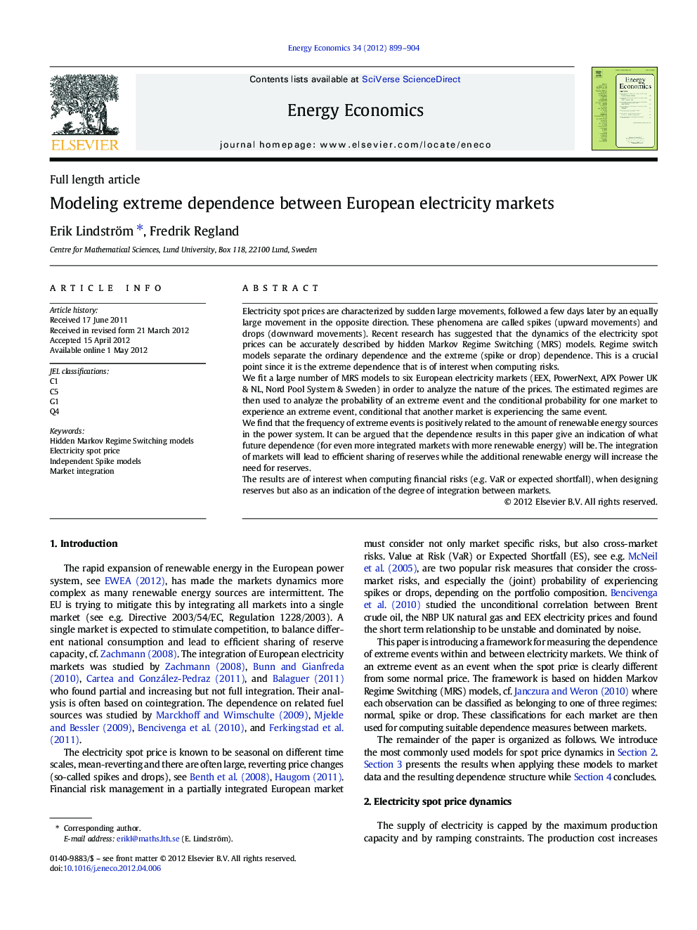 Full length articleModeling extreme dependence between European electricity markets