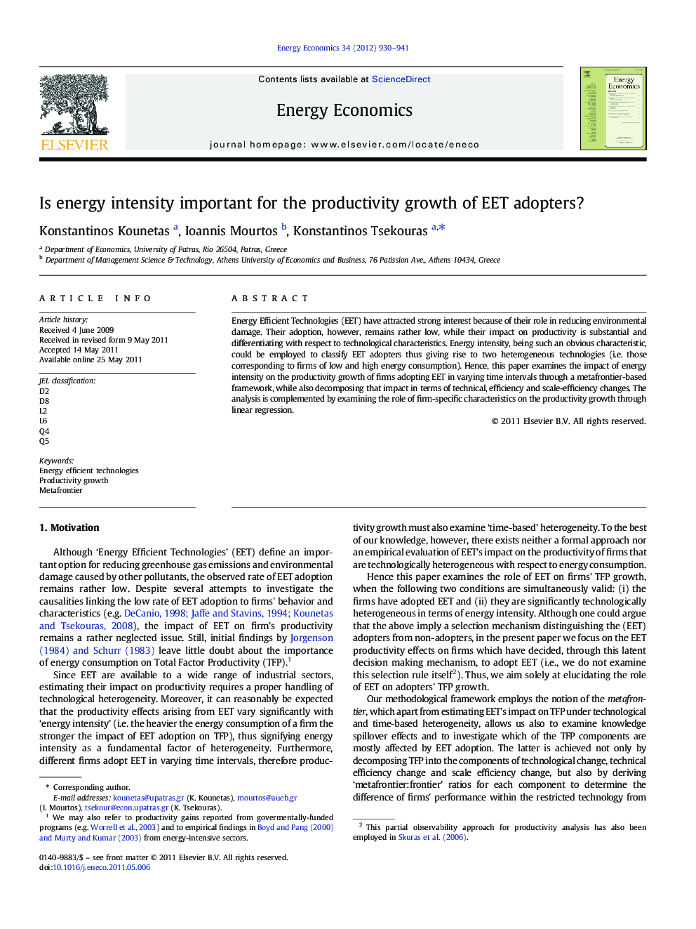 Is energy intensity important for the productivity growth of EET adopters?