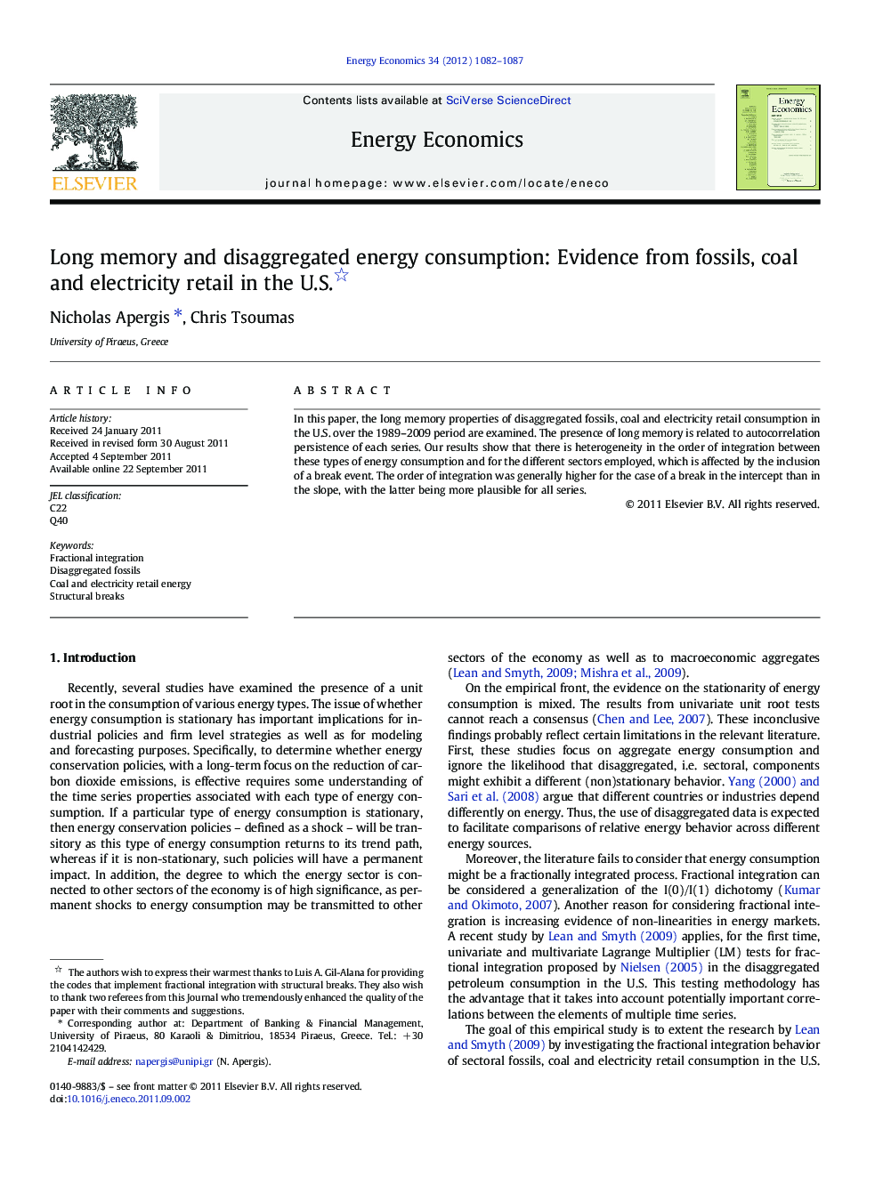 Long memory and disaggregated energy consumption: Evidence from fossils, coal and electricity retail in the U.S.