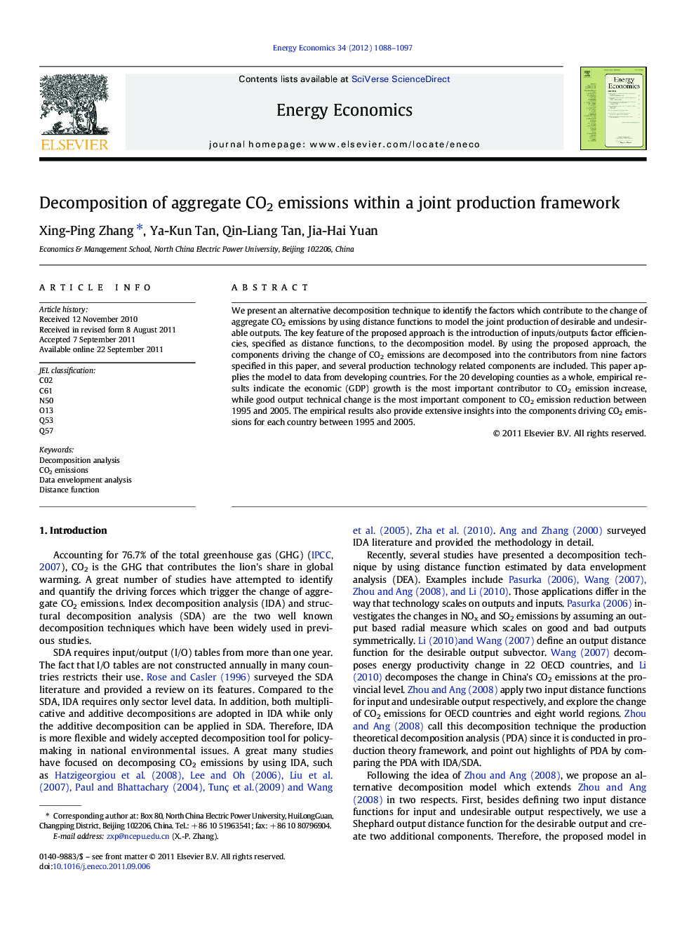 Decomposition of aggregate CO2 emissions within a joint production framework