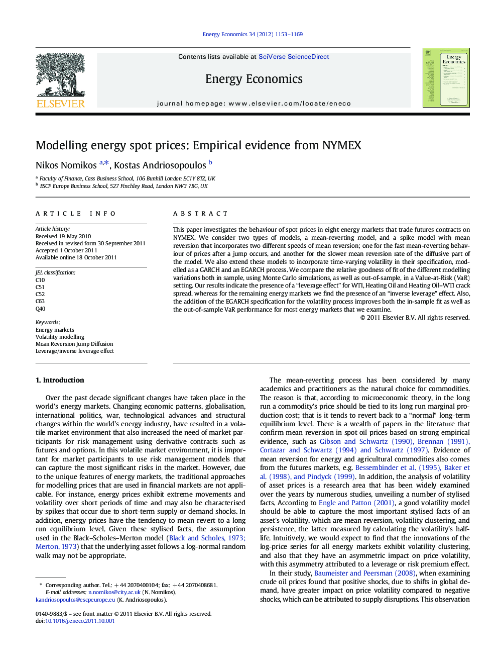 Modelling energy spot prices: Empirical evidence from NYMEX