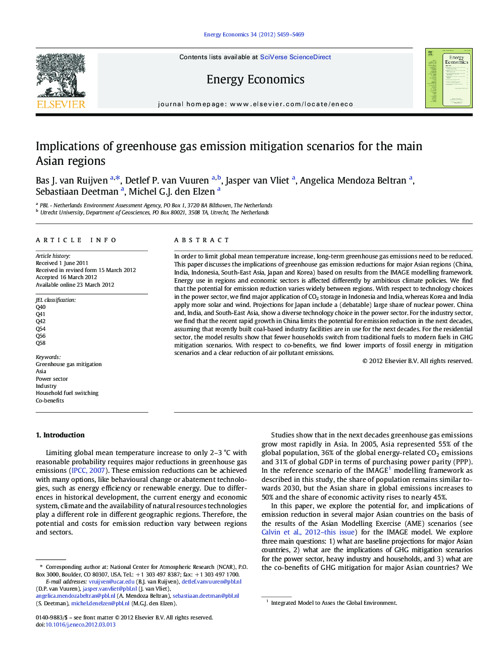 Implications of greenhouse gas emission mitigation scenarios for the main Asian regions