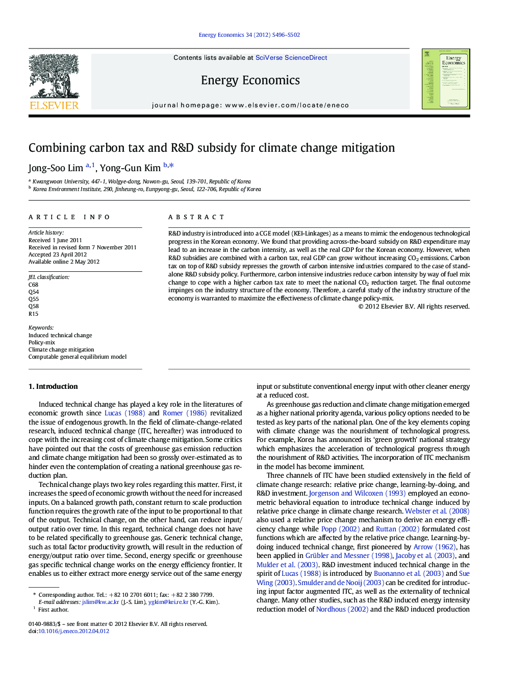 Combining carbon tax and R&D subsidy for climate change mitigation