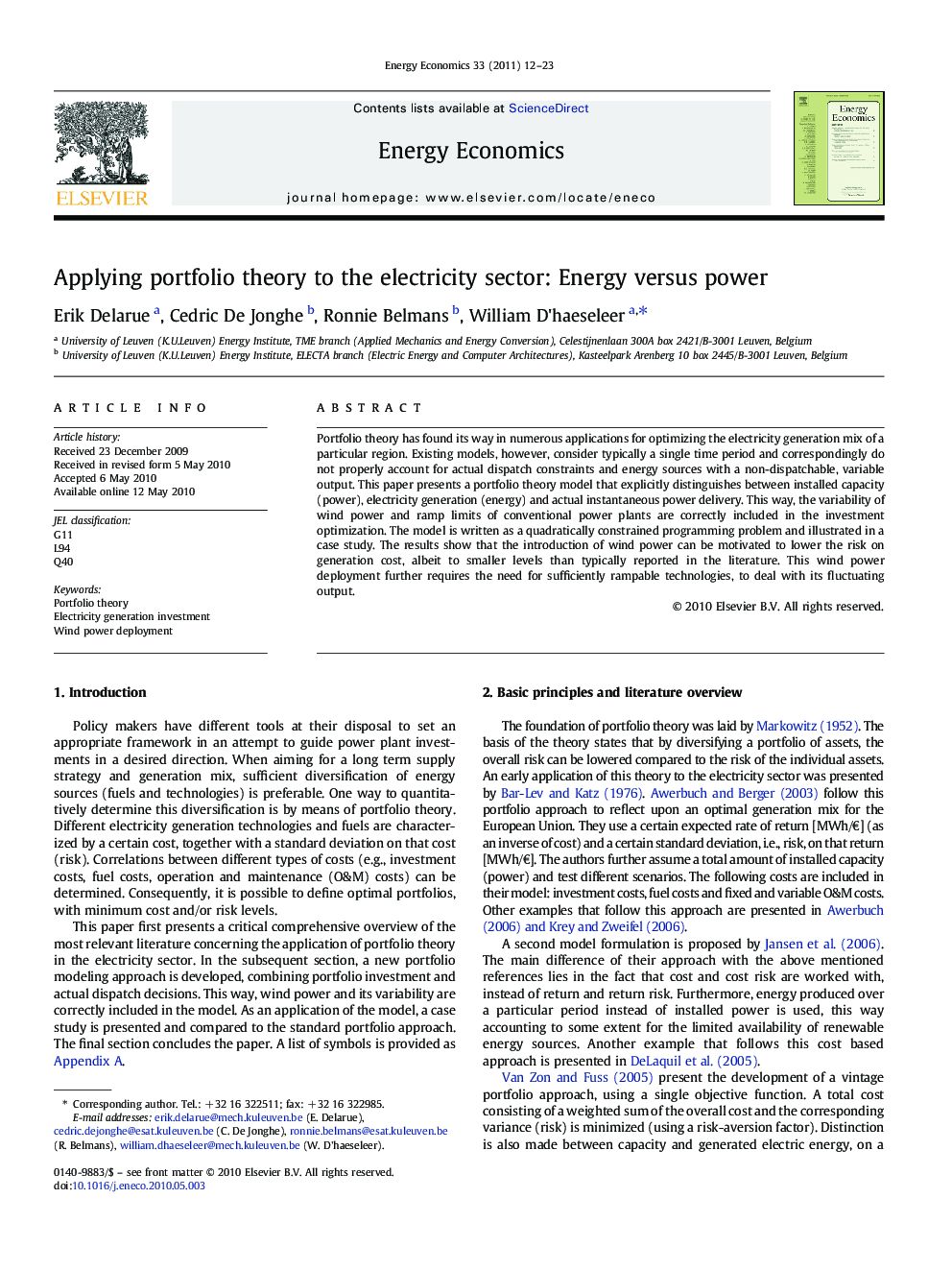 Applying portfolio theory to the electricity sector: Energy versus power