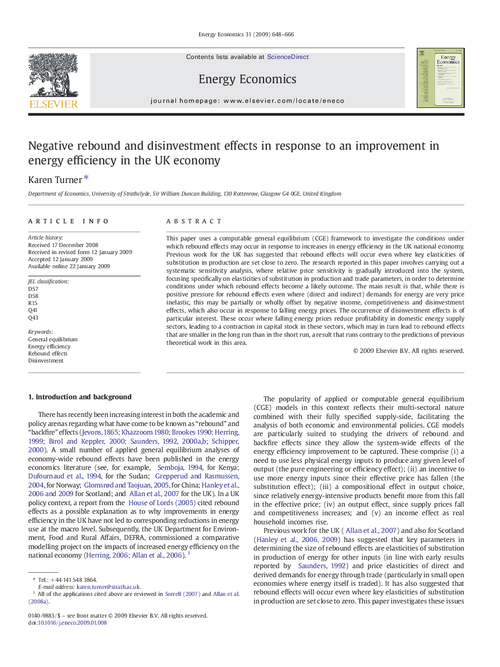 Negative rebound and disinvestment effects in response to an improvement in energy efficiency in the UK economy