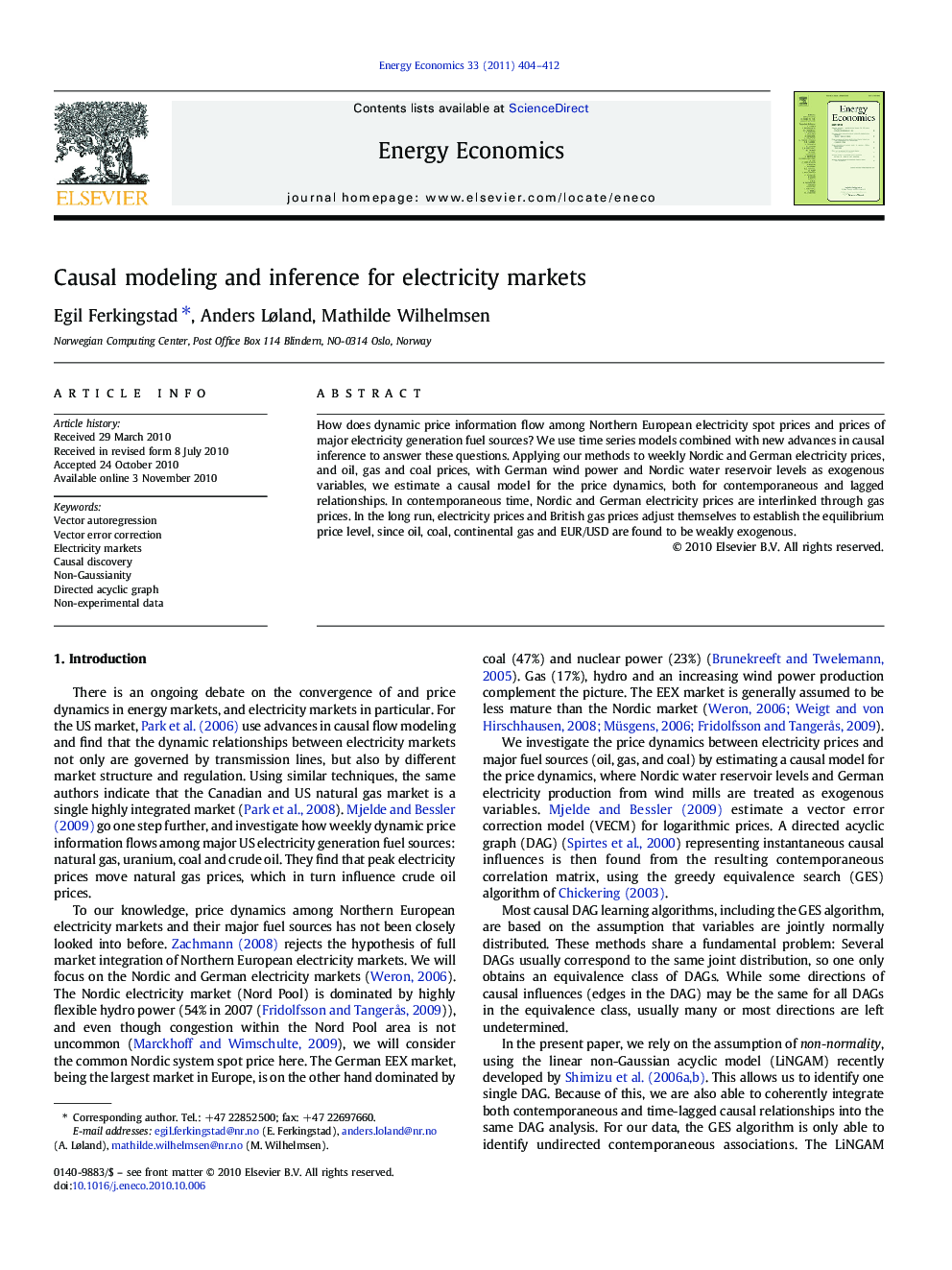 Causal modeling and inference for electricity markets