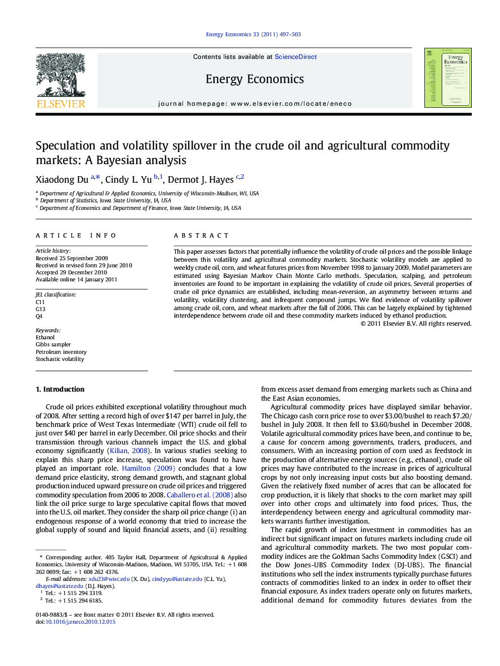 Speculation and volatility spillover in the crude oil and agricultural commodity markets: A Bayesian analysis