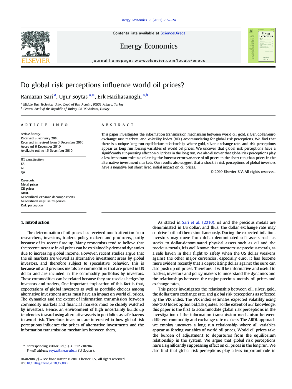 Do global risk perceptions influence world oil prices?