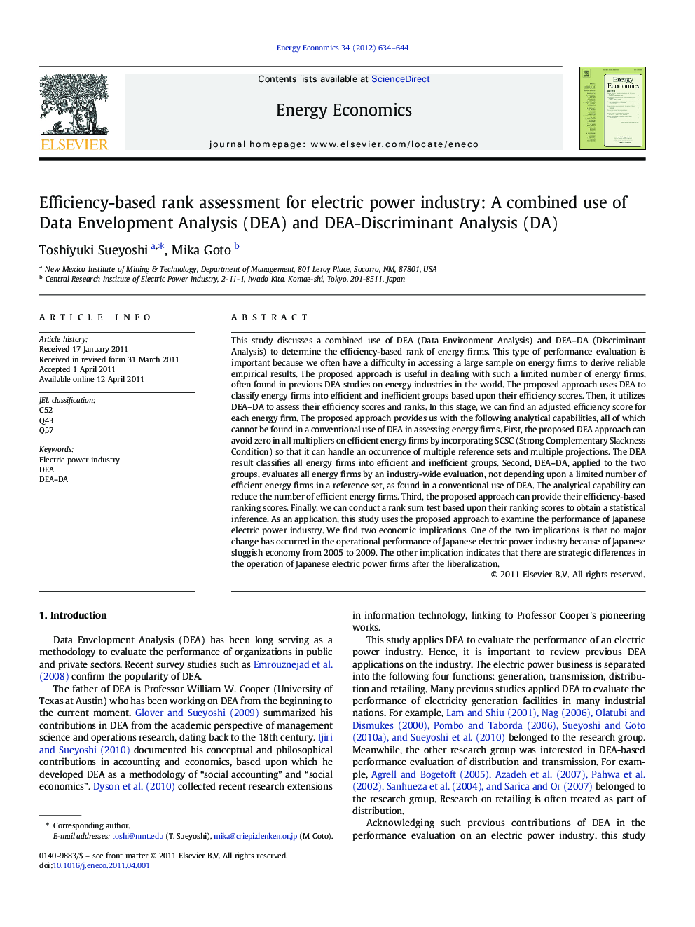 Efficiency-based rank assessment for electric power industry: A combined use of Data Envelopment Analysis (DEA) and DEA-Discriminant Analysis (DA)