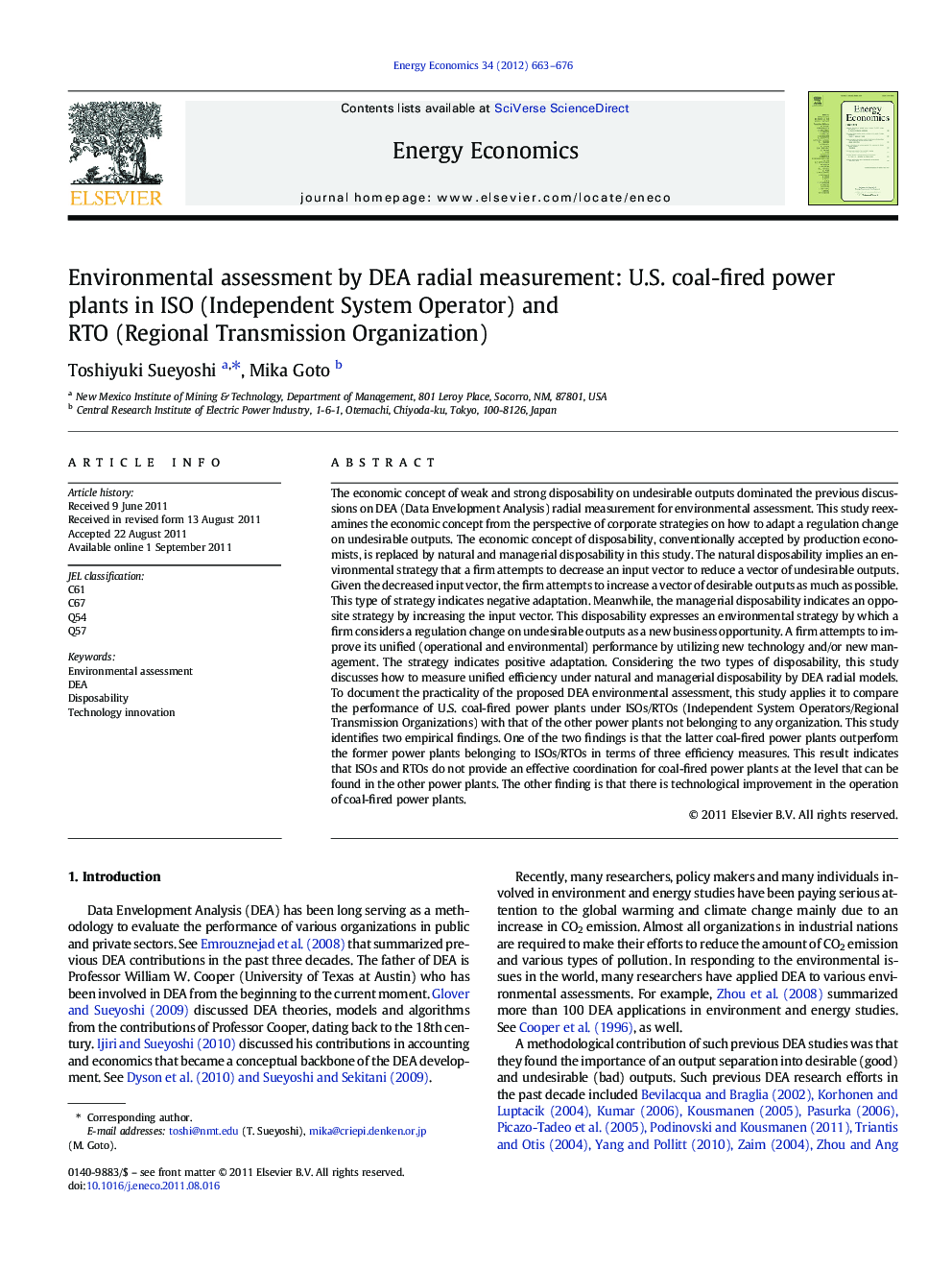 Environmental assessment by DEA radial measurement: U.S. coal-fired power plants in ISO (Independent System Operator) and RTO (Regional Transmission Organization)