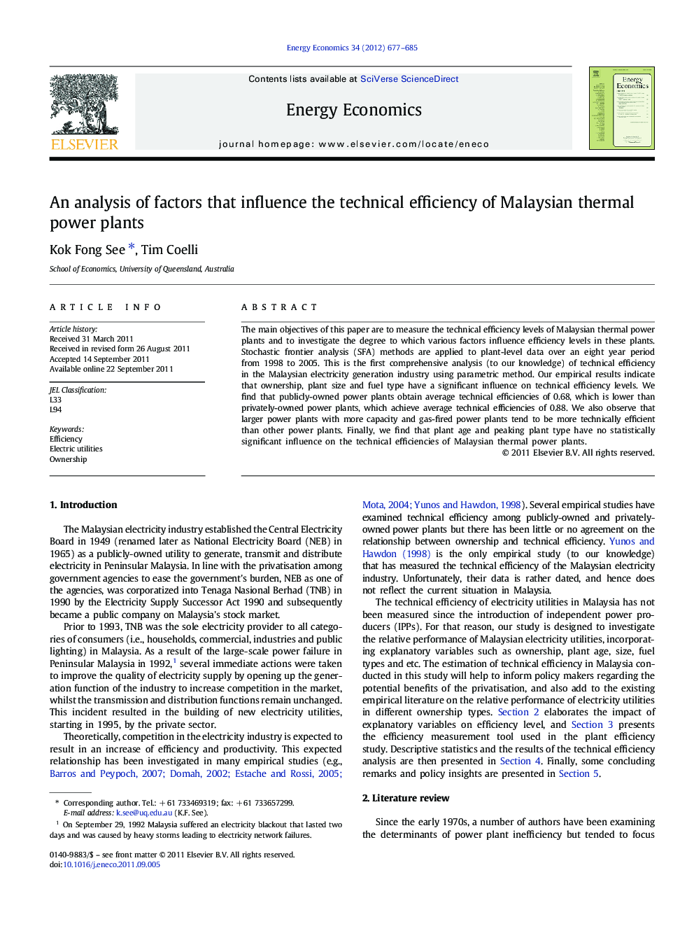 An analysis of factors that influence the technical efficiency of Malaysian thermal power plants