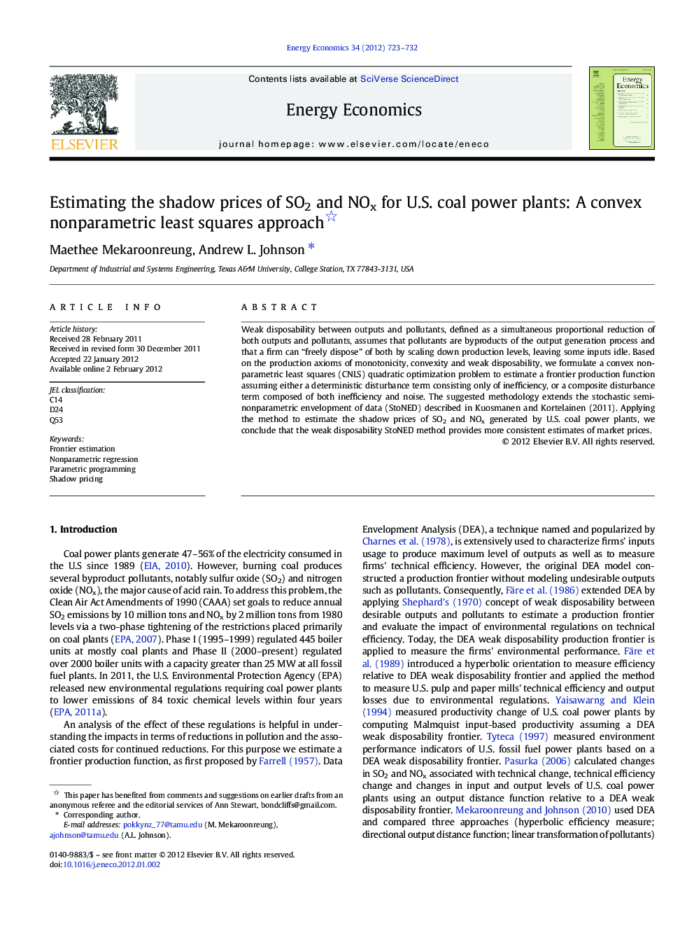 Estimating the shadow prices of SO2 and NOx for U.S. coal power plants: A convex nonparametric least squares approach