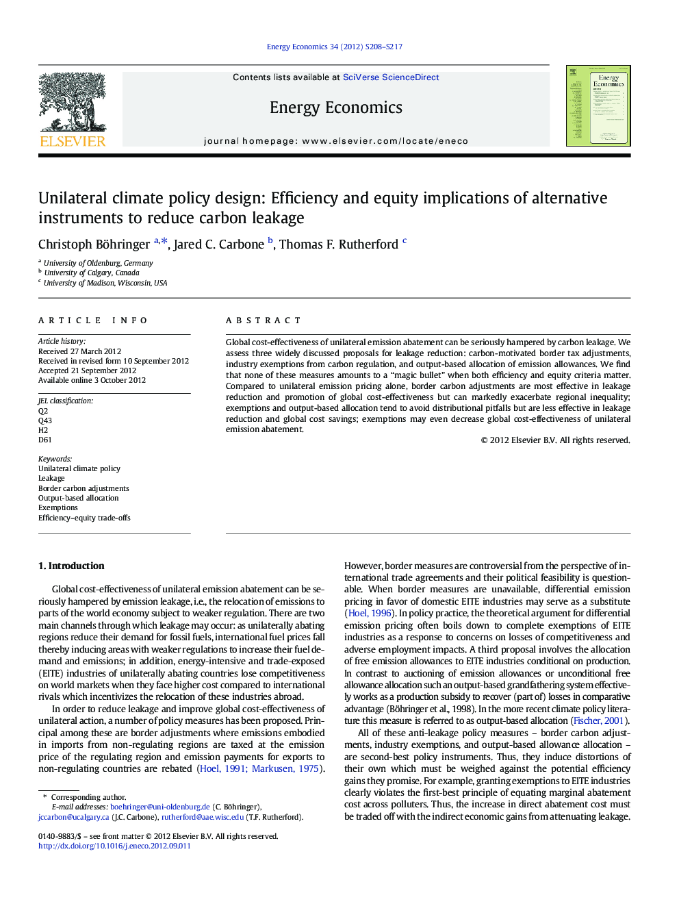 Unilateral climate policy design: Efficiency and equity implications of alternative instruments to reduce carbon leakage