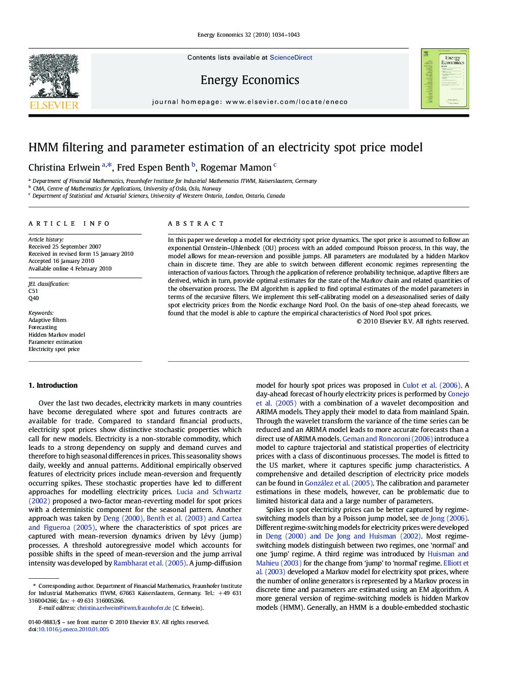 HMM filtering and parameter estimation of an electricity spot price model