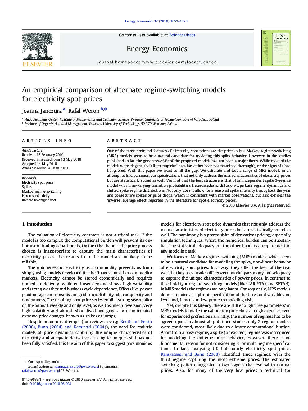 An empirical comparison of alternate regime-switching models for electricity spot prices