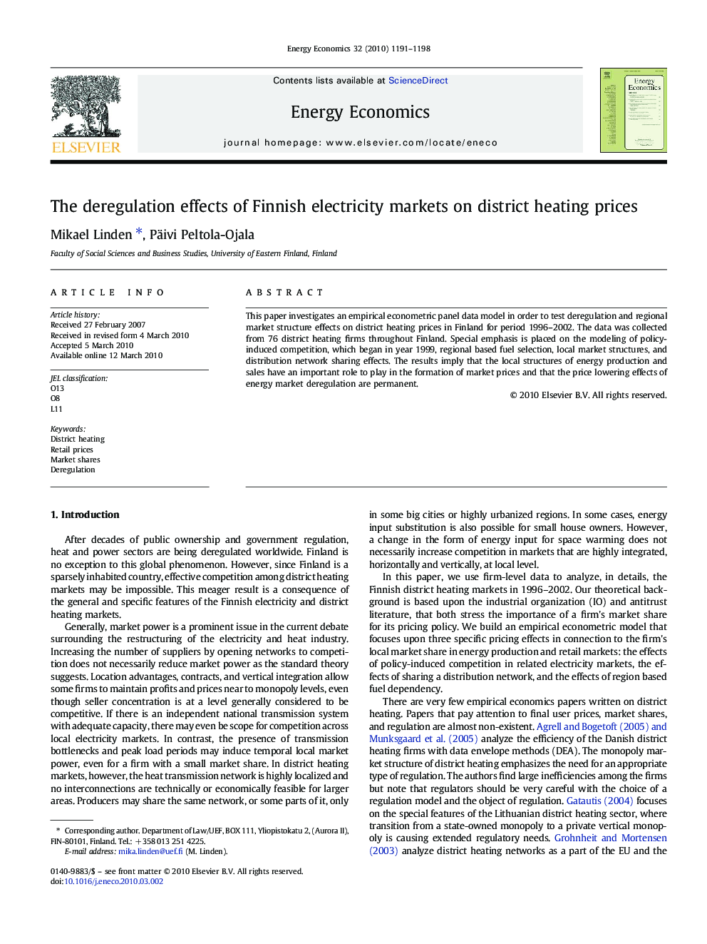 The deregulation effects of Finnish electricity markets on district heating prices