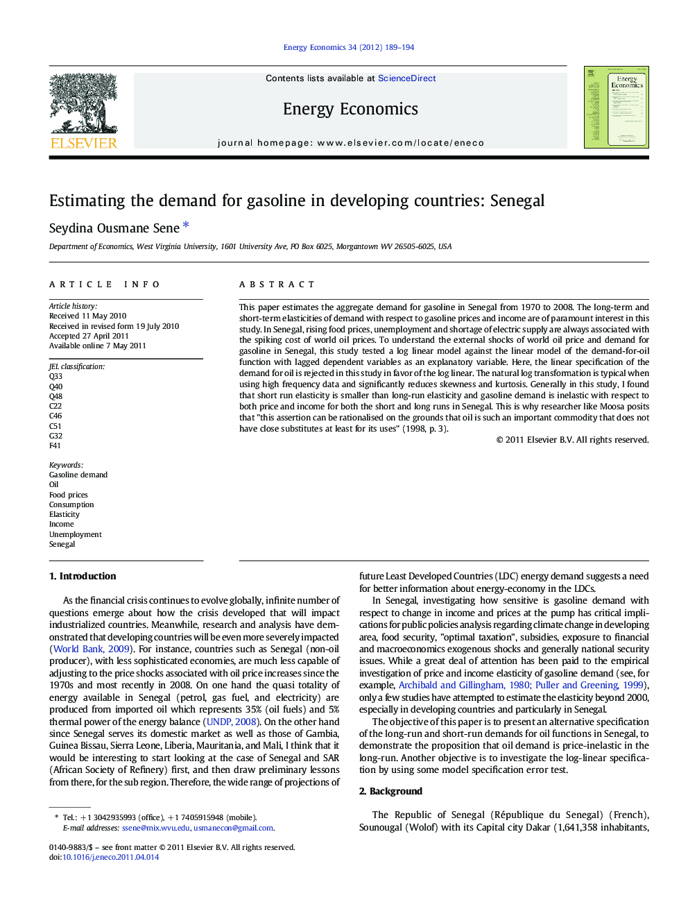 Estimating the demand for gasoline in developing countries: Senegal