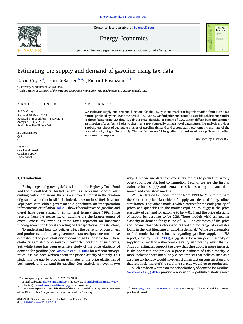 Estimating the supply and demand of gasoline using tax data