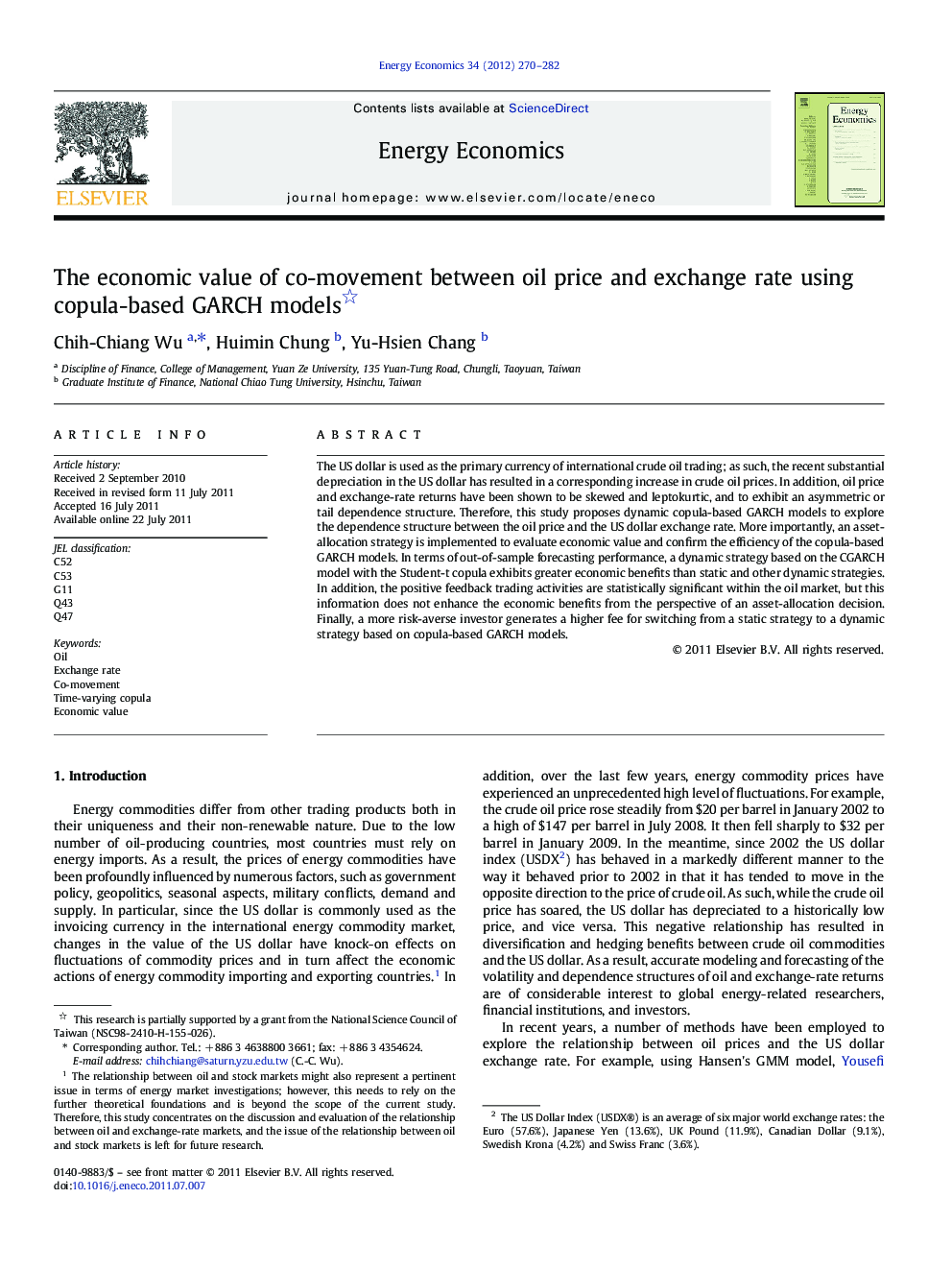 The economic value of co-movement between oil price and exchange rate using copula-based GARCH models