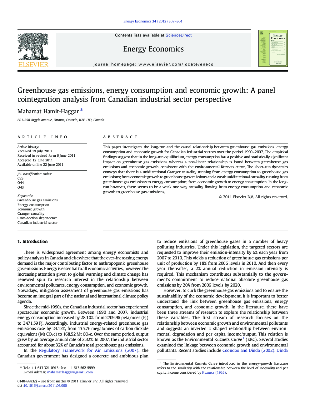 Greenhouse gas emissions, energy consumption and economic growth: A panel cointegration analysis from Canadian industrial sector perspective