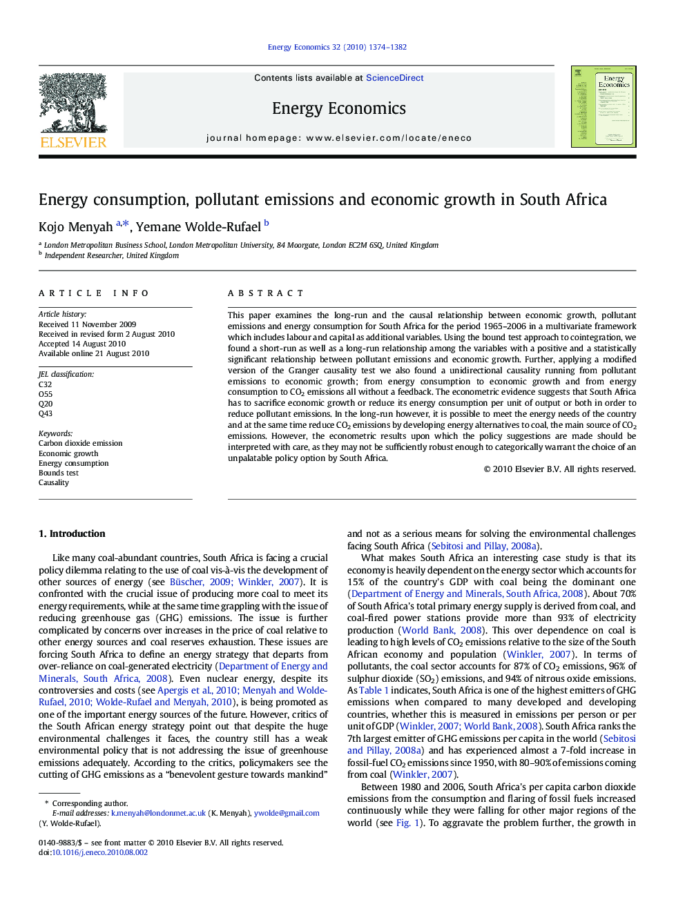 Energy consumption, pollutant emissions and economic growth in South Africa