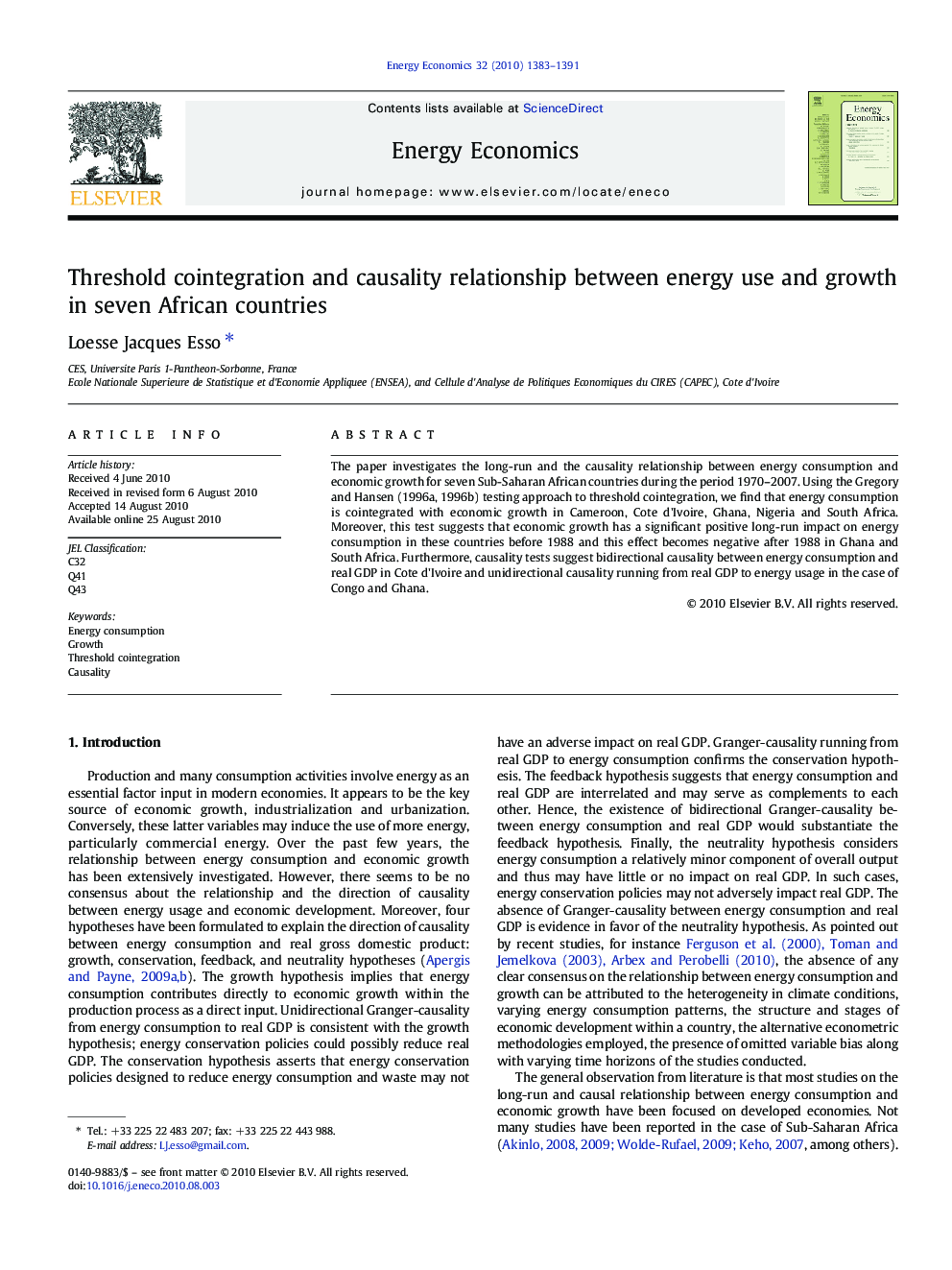 Threshold cointegration and causality relationship between energy use and growth in seven African countries