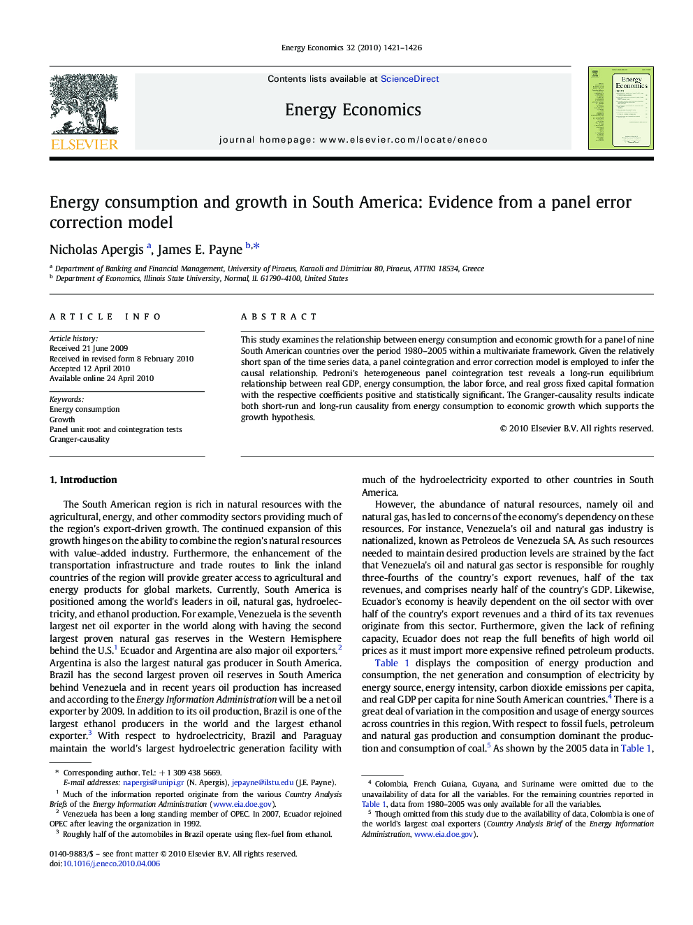 Energy consumption and growth in South America: Evidence from a panel error correction model