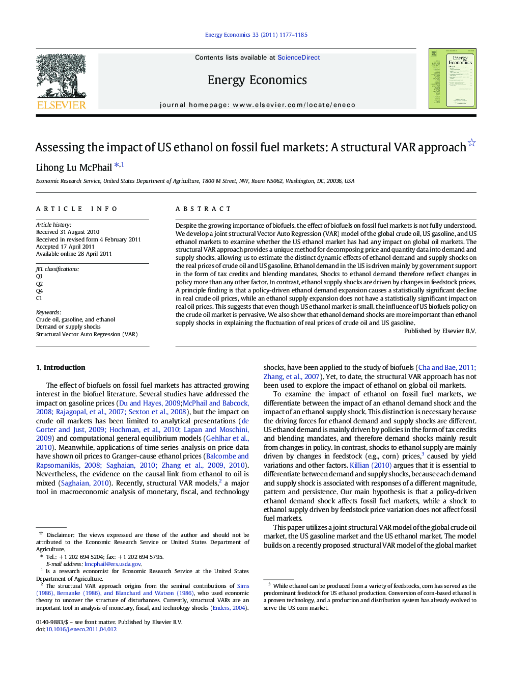Assessing the impact of US ethanol on fossil fuel markets: A structural VAR approach