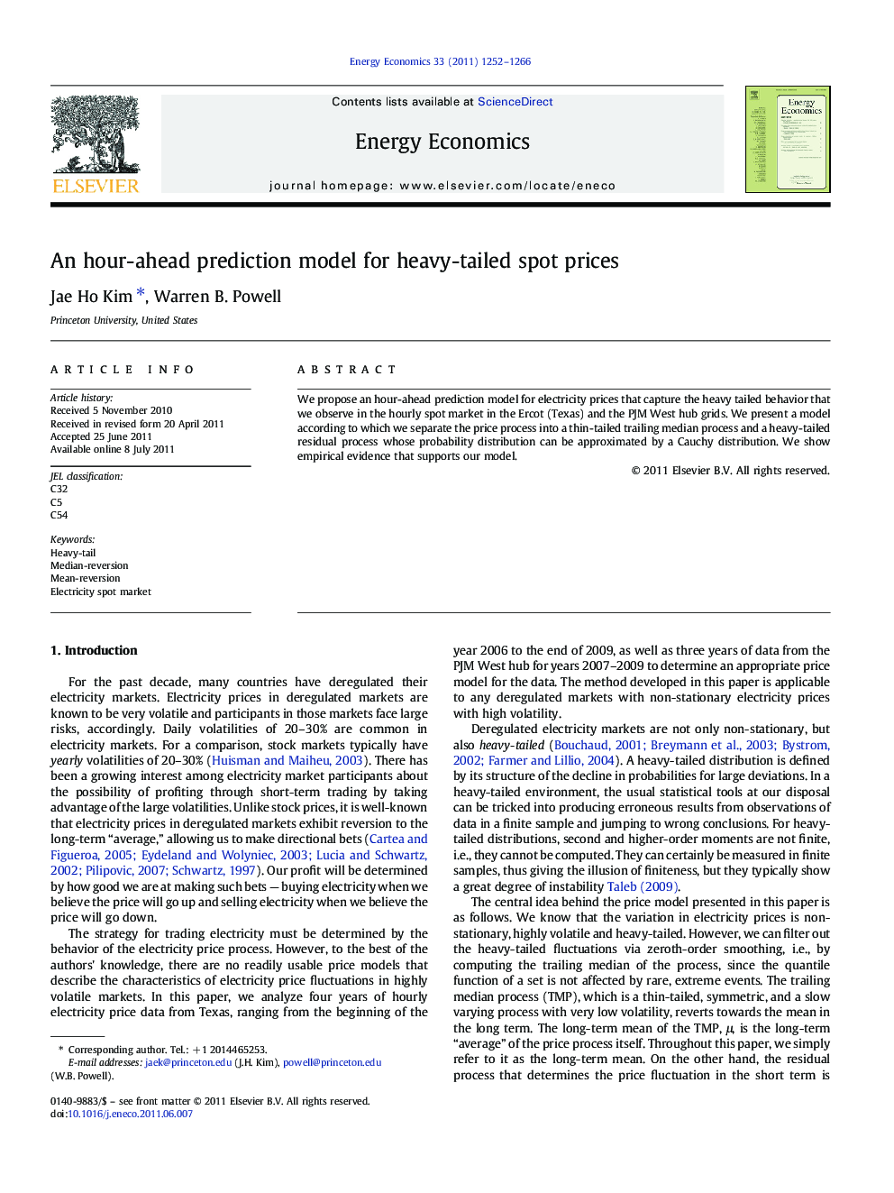 An hour-ahead prediction model for heavy-tailed spot prices