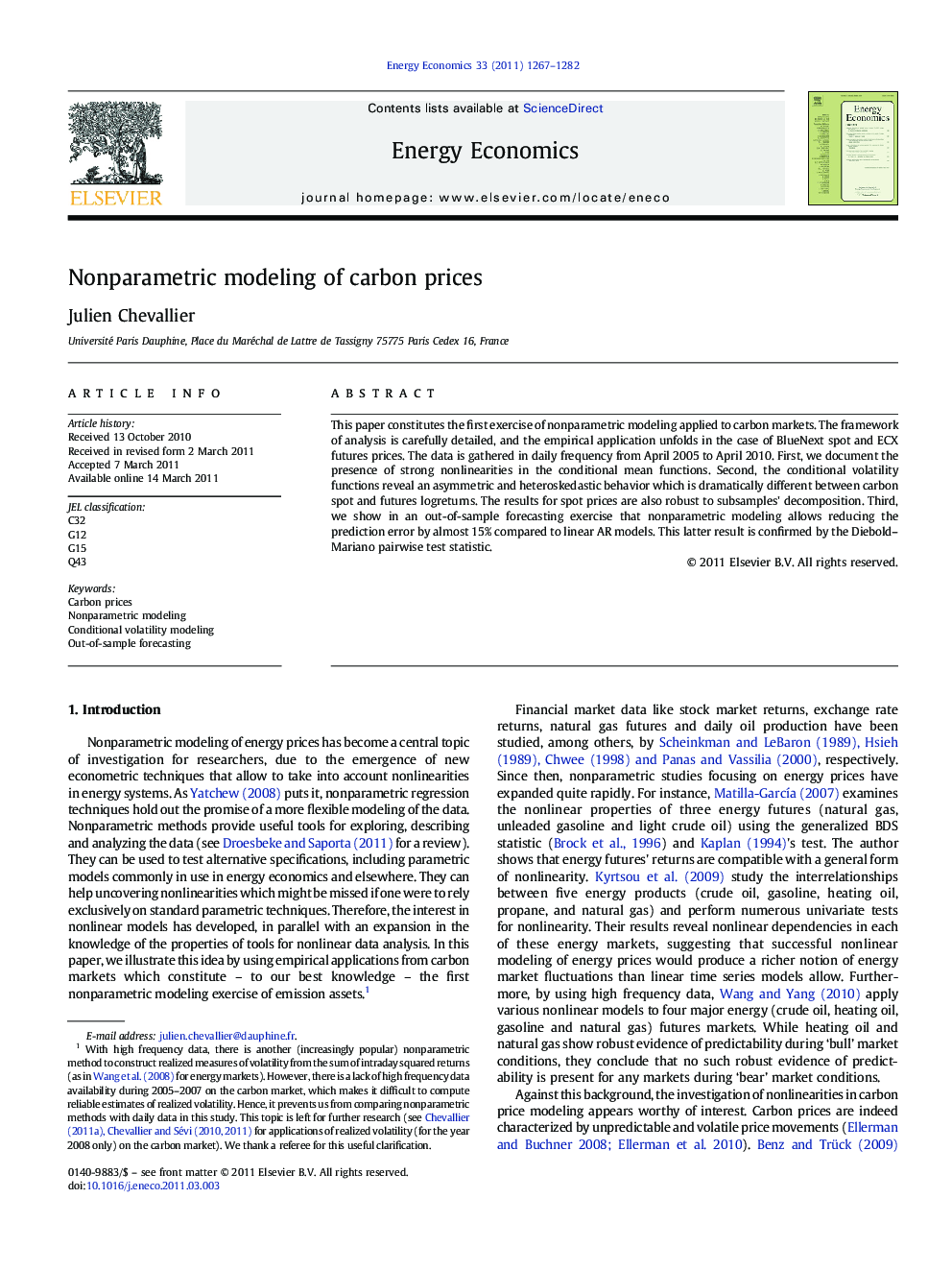 Nonparametric modeling of carbon prices