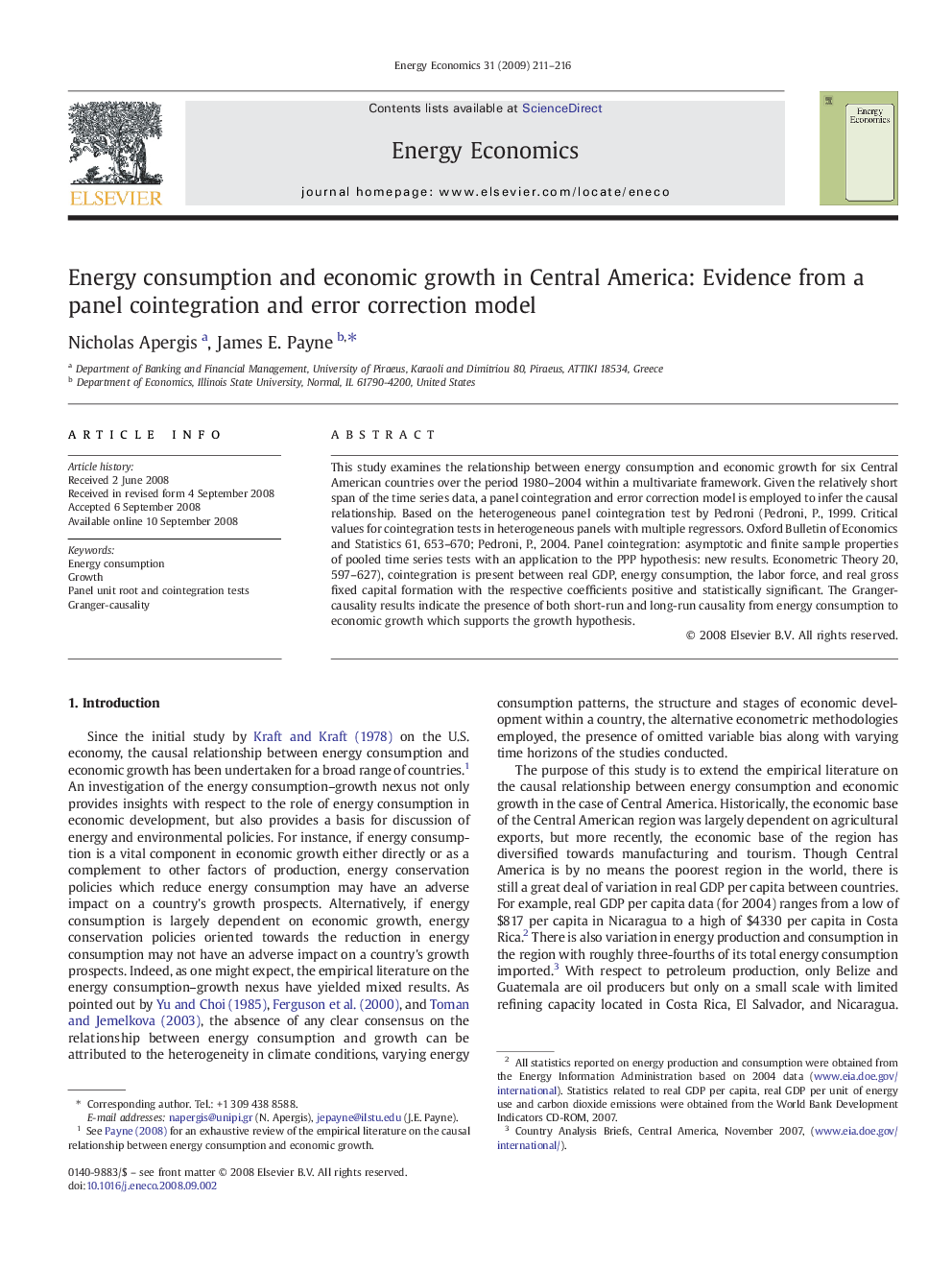 Energy consumption and economic growth in Central America: Evidence from a panel cointegration and error correction model