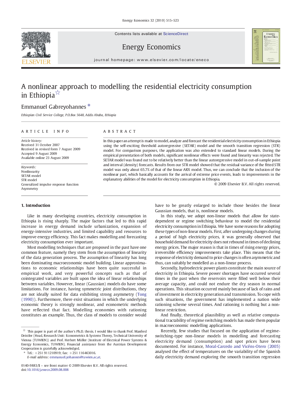 عکس صفحه اول مقاله: A nonlinear approach to modelling the residential electricity consumption in Ethiopia A nonlinear approach to modelling the residential electricity consumption in Ethiopia