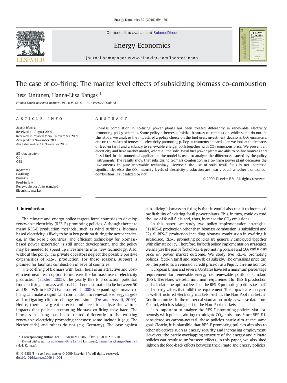 The case of co-firing: The market level effects of subsidizing biomass co-combustion