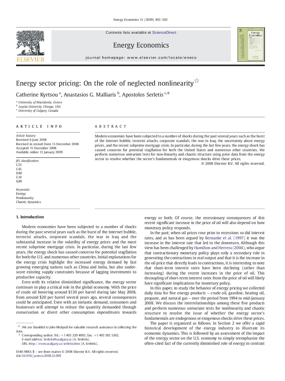 عکس صفحه اول مقاله: Energy sector pricing: On the role of neglected nonlinearity Energy sector pricing: On the role of neglected nonlinearity