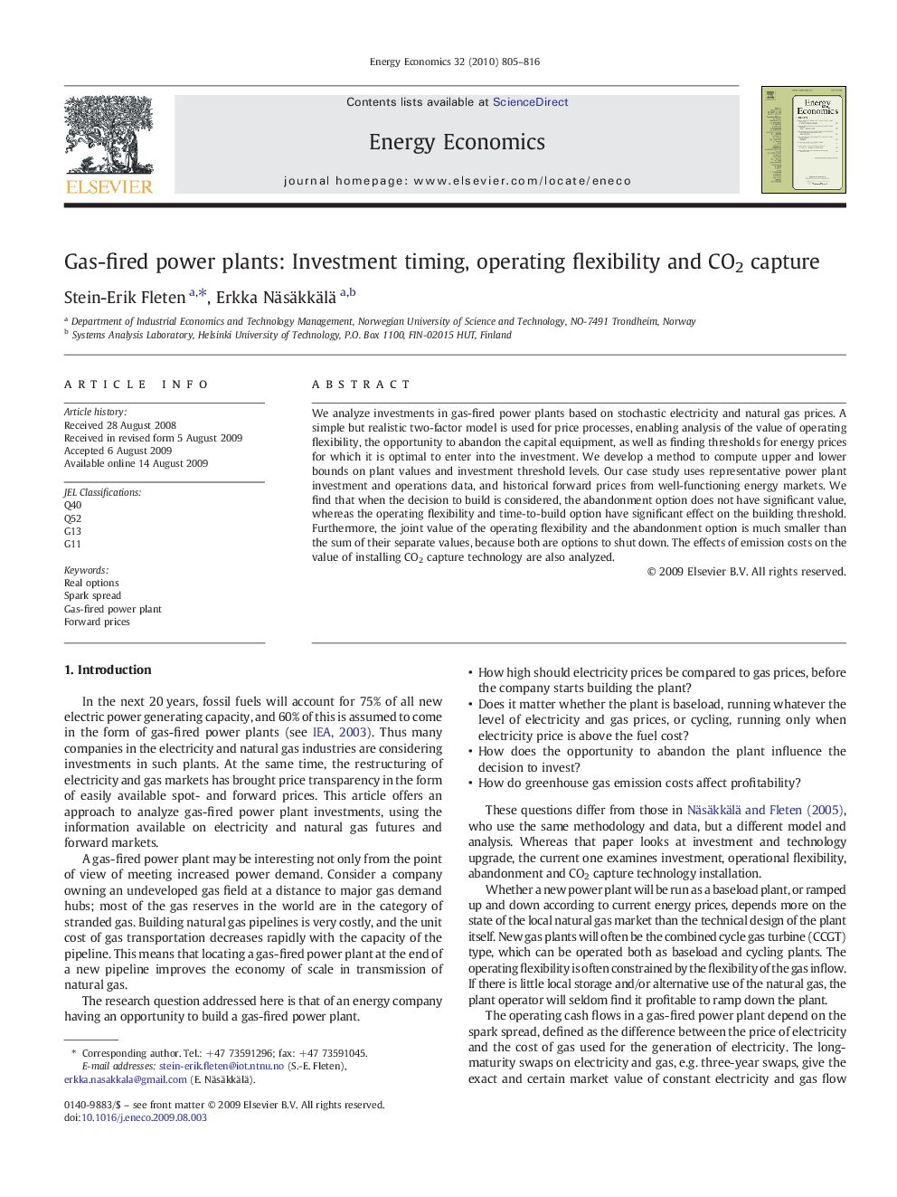 Gas-fired power plants: Investment timing, operating flexibility and CO2 capture