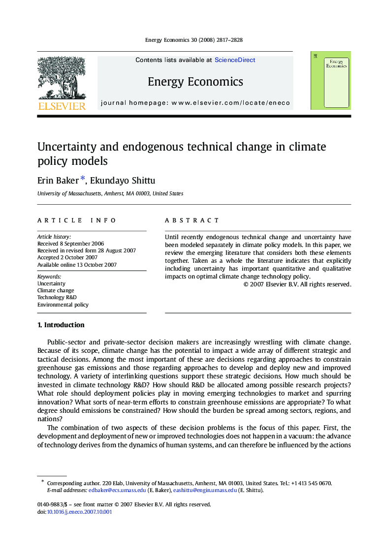 Uncertainty and endogenous technical change in climate policy models