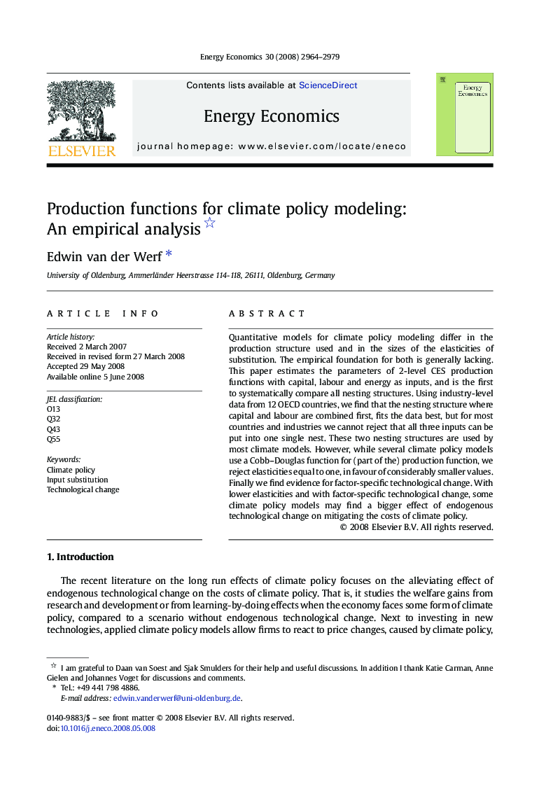 Production functions for climate policy modeling: An empirical analysis